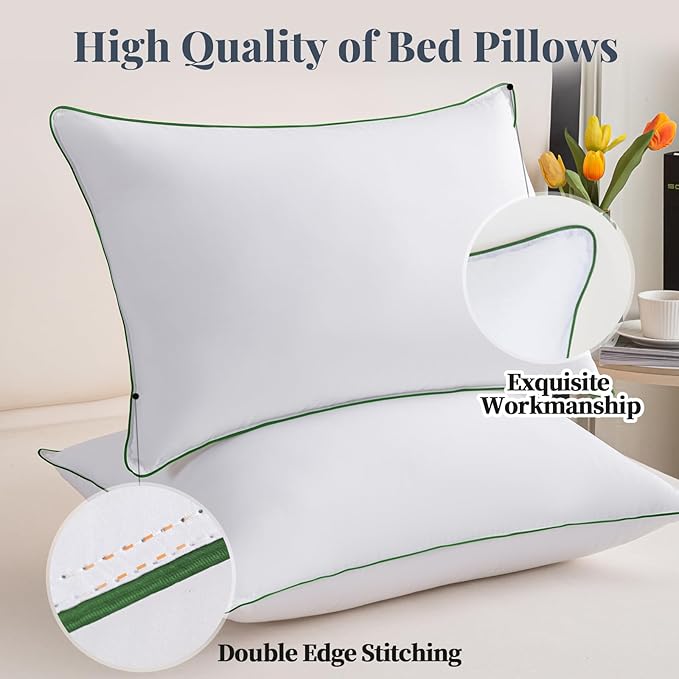 100% Breathable Cotton Cover Bedding Bed Pillows for Sleeping - King Size Set of 2, Hotel-Quality Soft Supportive Fluffy Pillows 2 Pack Full size20*36（Green）