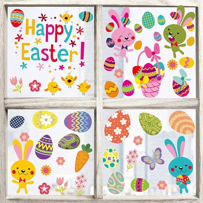 54 Pcs Easter Window Clings Easter Eggs Bunny Window Decorations Stickers for Glass Windows for Easter Window Decorations, 9 Sheets Bunny Decor for Kids Shcool Home (Happy)