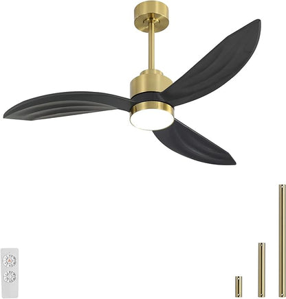 64" Wood Ceiling Fan with Lights and Remote Control, 3 Blades 6-Speed Dimmable Light Reversible DC Motor Ceiling Fan for Kitchen Bedroom Dining Living Room, Black Wood Blades with Gold