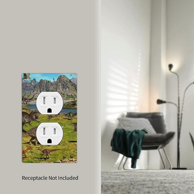 Cute Dinosaur Duplex Outlet Switch Wall Plate Cover Decorative 1-Gang for Electrical Boys Kids Room Bathroom Bedroom Home Kitchen One Receptacle Polycarbonate Power Gear 4.5" x 2.76"