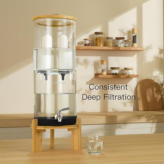 All Glass Water Purifier - Off Grid Home Emergency Water Filtration System - Gravity Fed Ceramic Filter - 2.25 Gallon Water Filter- with 7 Inch Stand and Protective Sleeve