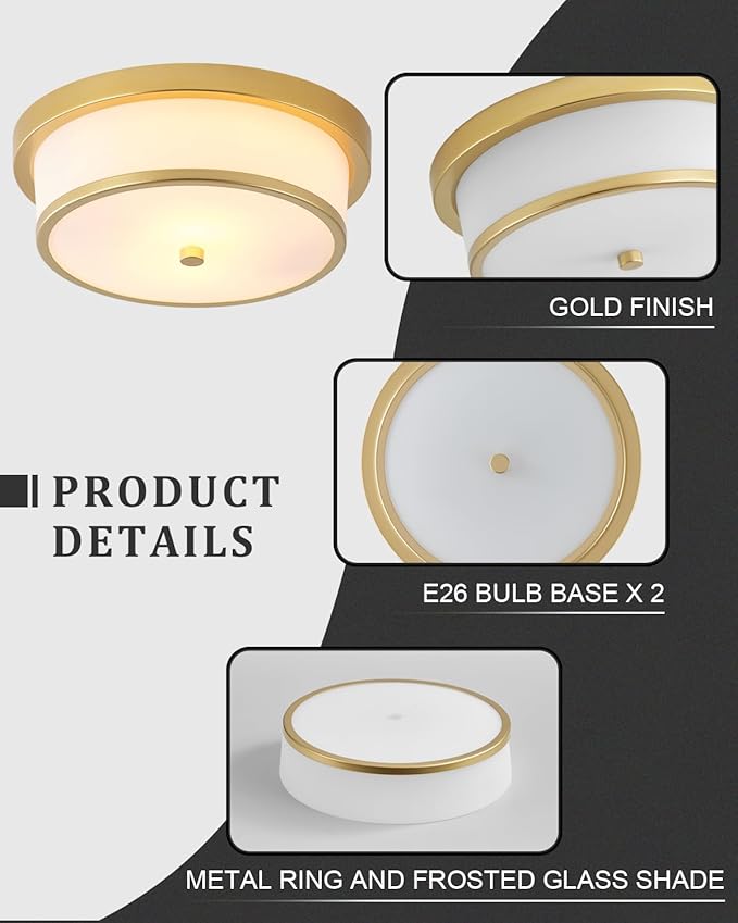 12 inch Flush Mount Ceiling Light, 2-Light Close to Ceiling Light Fixtures with Gold Finish for Bathroom Bedroom Kitchen Hallway (Gold)