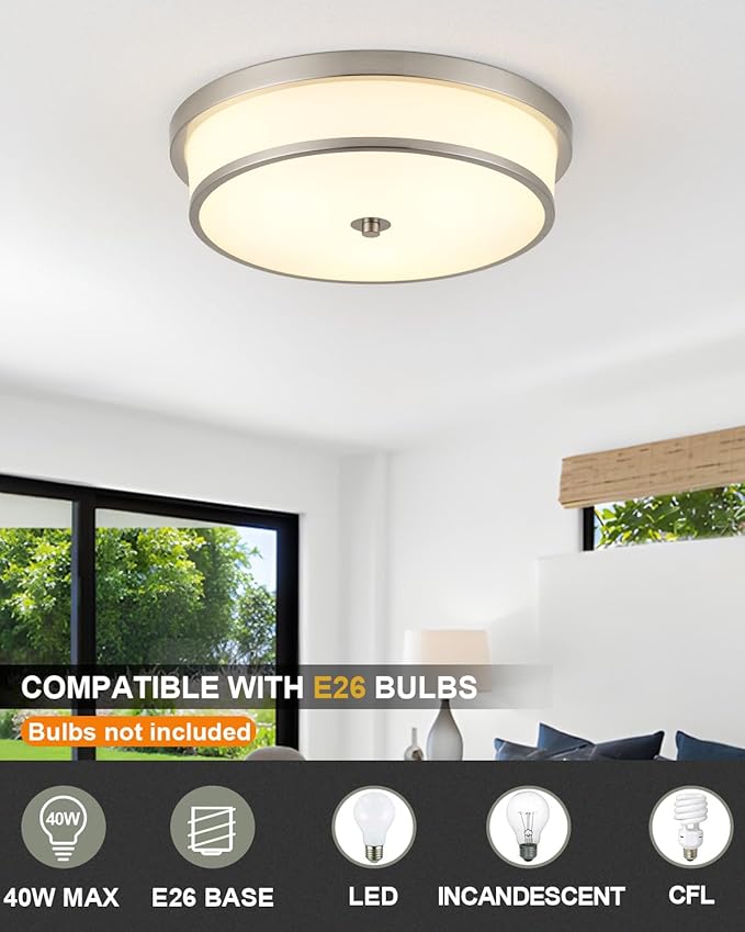 16 inch Flush Mount Ceiling Light, 3-Light Close to Ceiling Light Fixtures with Brushed Nickel Finish for Livingroom Bedroom Kitchen Diningroom