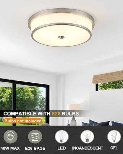 16 inch Flush Mount Ceiling Light, 3-Light Close to Ceiling Light Fixtures with Brushed Nickel Finish for Livingroom Bedroom Kitchen Diningroom