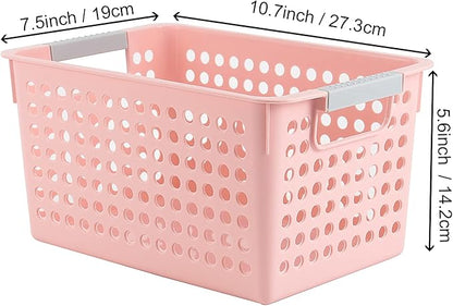 7 Pack 10.7 x 7.5 x 5.6 Inch Pink Plastic Storage Baskets, Stackable and Strong Decorative Woven Plastic Containers with Handles, Weaving Organizing Basket for Kitchen, Kids Room, Office