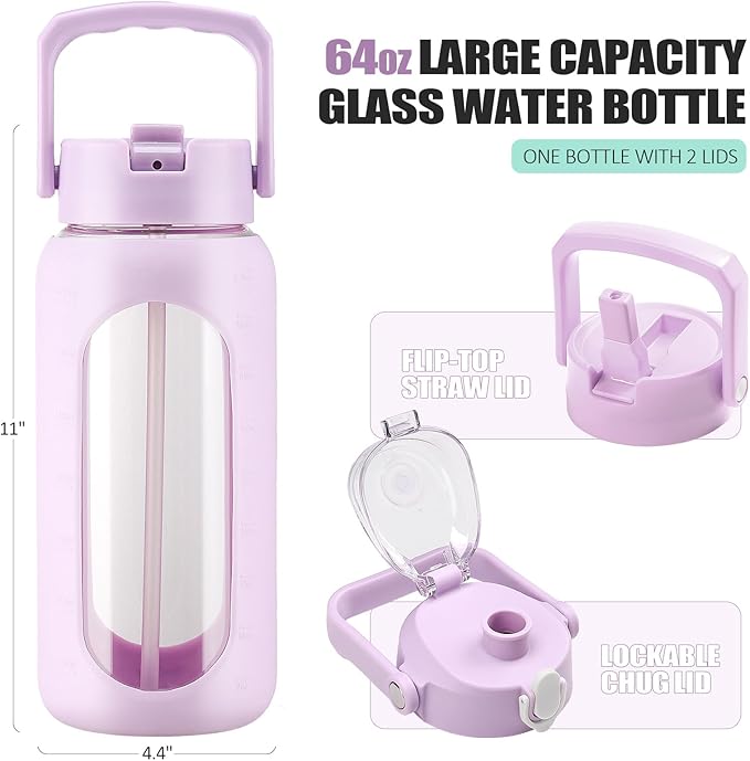 BLUEGO 64oz Glass Water Bottles with 2 Lids Flip Lid and Spout Lid Half Gallon Water Bottle with Straw 2L Large Water Bottle with Time and Capacity Markers for Gym Home Office Leak-proof, Purple