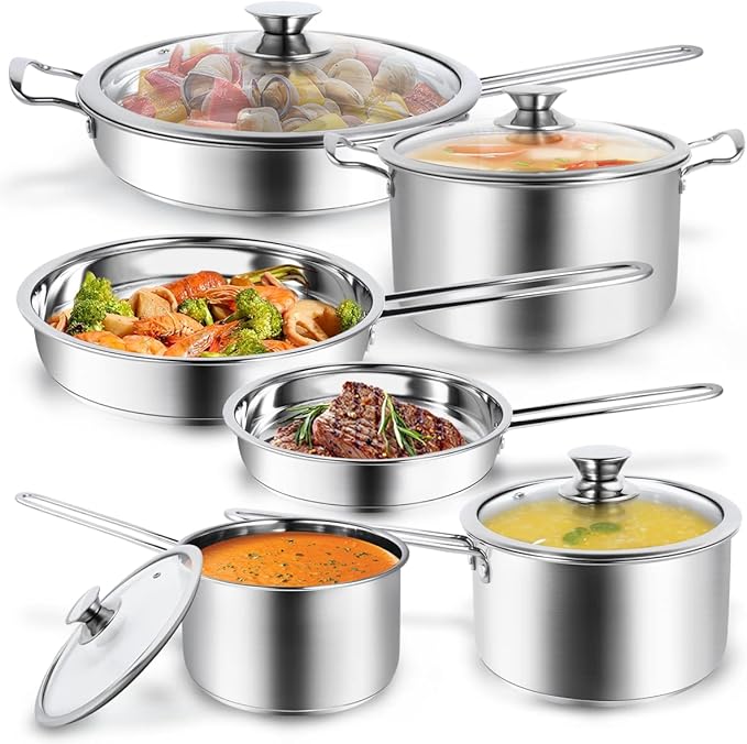 10-Piece Pots and Pans Set, Stainless Steel Cookware Set- Includes Ergonomic Handle Saucepans, Skillets, Dutch Oven, Stockpot, Steamer & More - Premium Pots and Pans for Home Chefs