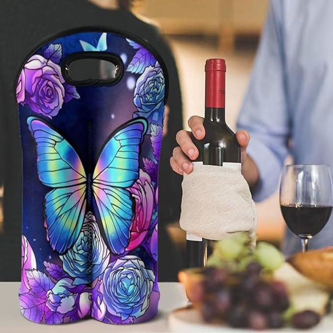 doginthehole Butterfly Rose Wine Bag Insulated Sleeve Portable Neoprene Wine Tote Holders Hippie Wine Carrier Bag for Wine/Beer/Cans/Water Protector for Home Travel and Picnic