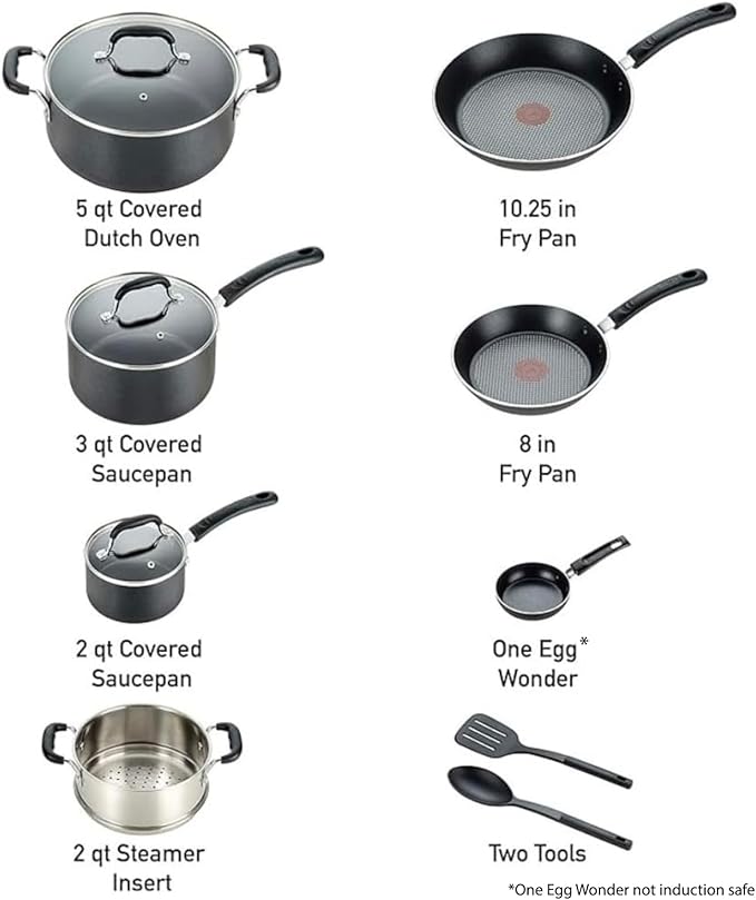 T-fal 20 Piece Set of Experience Nonstick Cookware Set With Ice Force German Stainless Steel Kitchen Knife Set and Wood Block