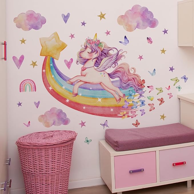 DIY Unicorn Wall Stickers for Kids Room, Home Decor Wallpapers with Cute Cartoon Animals and Stars