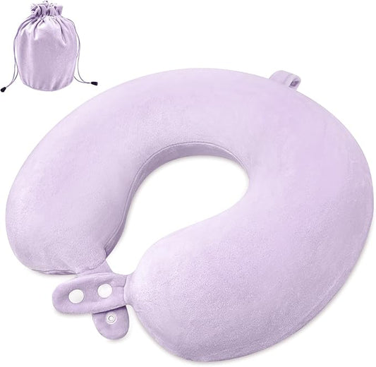 Travel Neck Pillow Airplane, Soft Memory Foam Support Head Neck Chin, with Removale Cover and Adjustable Snap Button, Comfortable Sleeping in Plane Car Train Traveling Office Home, Purple