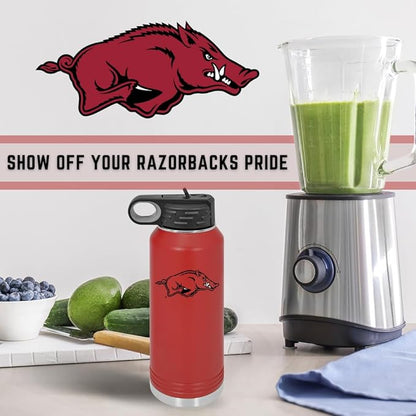 University of Arkansas Razorbacks 32oz Stainless Steel Double Walled Red Beverage Bottle with Flip Straw Spout – College Gear for Playoff Season – For Office, Home or Auto – Show your UArk Pride