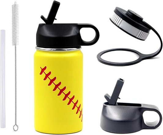 12 oz Softball Water Bottle, Flask Sports with 2 Lids 18/8 Stainless Steel Tumbler Double Wall Vacuum Insulated Hot/Cold (12oz, Yellow Softball)