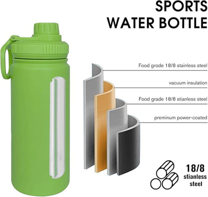 18oz Insulated Water Bottle ，Stainless Steel Sports Water Cup Flask with 2 Lids, Wide Mouth Travel Thermal Mug,Outdoor Sports Bottle（Lemon Green）