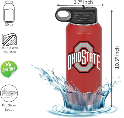 Ohio State University 32oz Stainless Steel Double Walled Red Beverage Bottle with Flip Straw Spout- College Gear for Playoff Season – For Office, Home or Auto – Show your Buckeye Pride