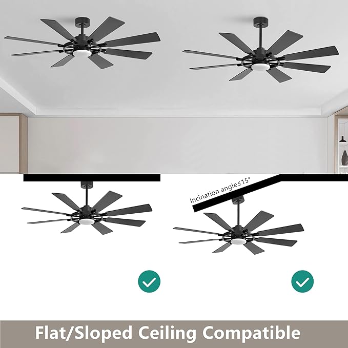 60" Ceiling Fan with Lights and Remote Control, Wood 8 Blades 6-Speed Dimmable Light Noiseless Reversible DC Motor, Modern Large Ceiling fan for Kitchen Bedroom Dining Living Room, Black