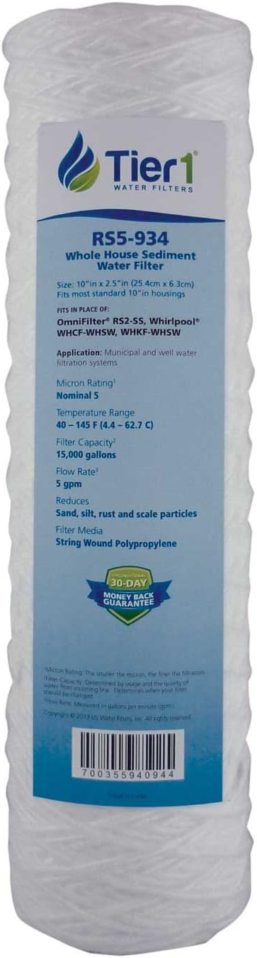 Tier1 5 Micron 10 Inch x 2.5 Inch | String Wound Polypropylene Whole House Sediment Water Filter Replacement Cartridge | Compatible with OmniFilter RS2-SS, Pentek WP-5, WHCF-WHSW, Home Water Filter