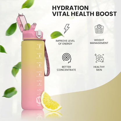 1L Water Bottle with Straw - Leak-Proof & BPA Free Reusable Sports Bottle - Motivational Time Markings for Hydration Durable Drink Bottle for Gym, Sports, Outdoor (Yellow and Pink)