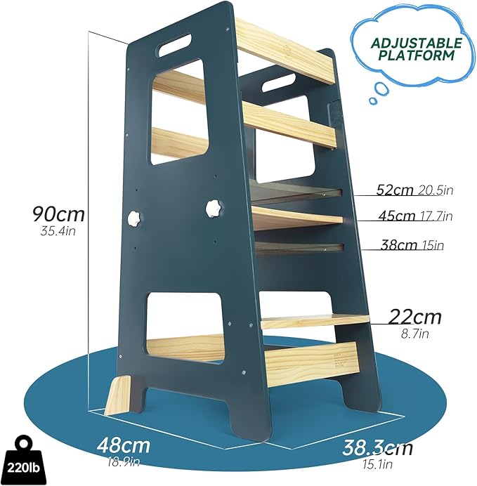 WOOD CITY Kitchen Step Stool - Safe Montessori Standing Tower for Kids with Safety Rail, Height Adjustable Toddler Ideal Helper for Learning New Skills, Anti-Slip Protection for Bathroom - Deep Blue