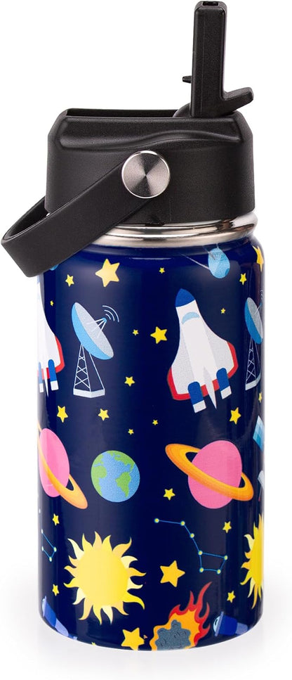 12oz Kids Insulated Water Bottle with Flip Straw & Big Handle, Space Travel, Double Wall 18/8 Stainless Steel, Leakproof Gift for Kids Boys Girls to School Travel Sports, Hands Wash Only, Blue