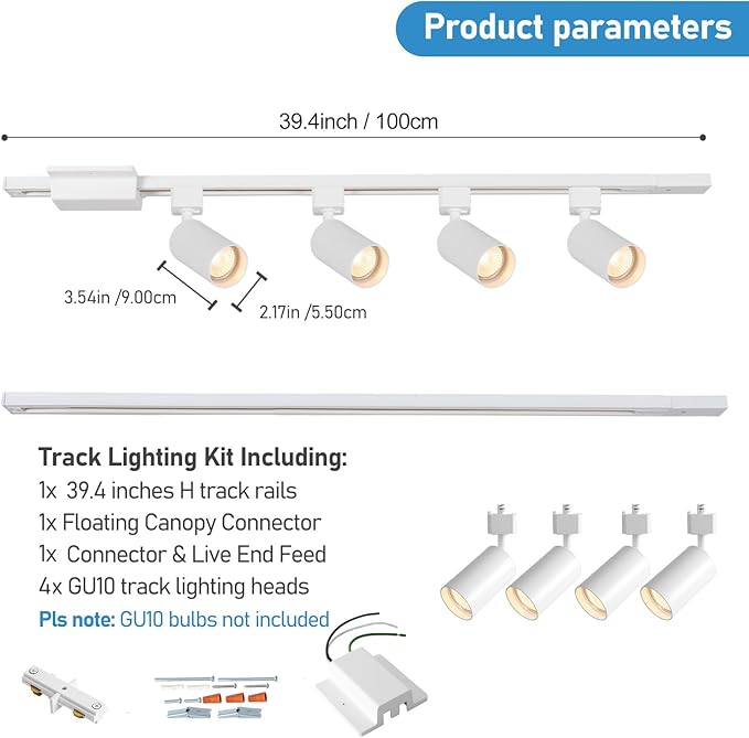 4-Light LED Track Lighting Kit with 3.3FT H Track Lighting Rails & Floating Canopy Connector, GU10 Track Light Kit, Modern Kitchen Track Lighting Fixtures Ceiling Spot Light, White (No Bulbs)