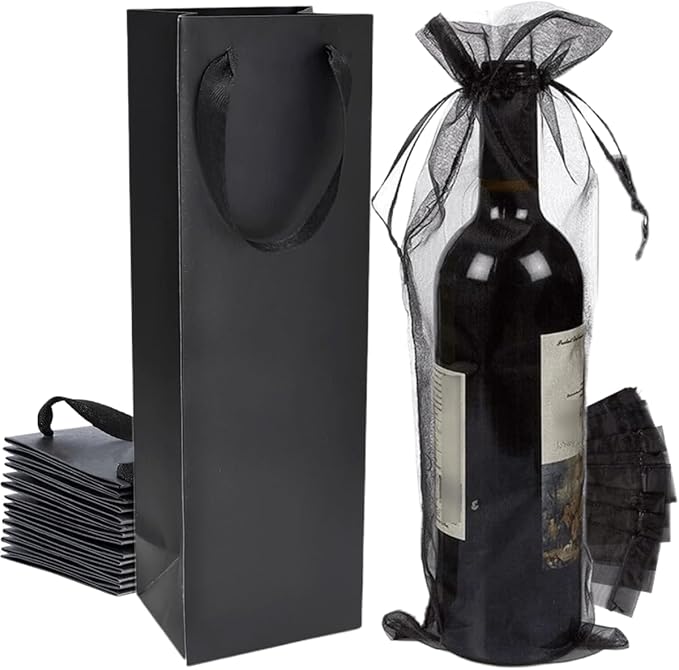 YUBONCE 60Pack Black Wine Gift Bag with Black Organza Wine Bottle Bags,Wine Tote Bags Bulk Kraft Paper Bag for Wine Bottle Whiskey/Spirits, Reusable Bag.