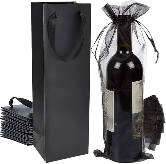 YUBONCE 60Pack Black Wine Gift Bag with Black Organza Wine Bottle Bags,Wine Tote Bags Bulk Kraft Paper Bag for Wine Bottle Whiskey/Spirits, Reusable Bag.