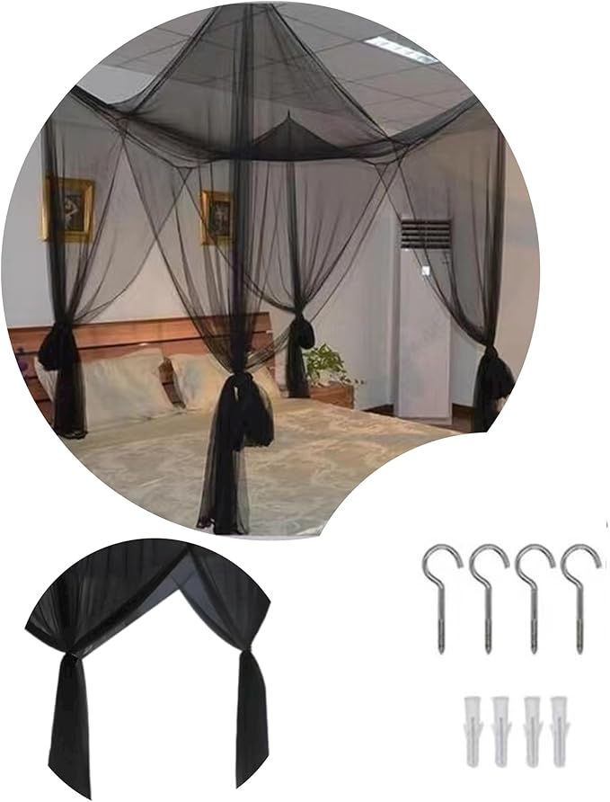 Bed Canopy Mosquito Net for Bed, Canopy Bed Curtains for Twin Full Size, 4 Corner Post Bedroom Canopy for Kids Adults, Square Bed Drapes Home Decor (Black)