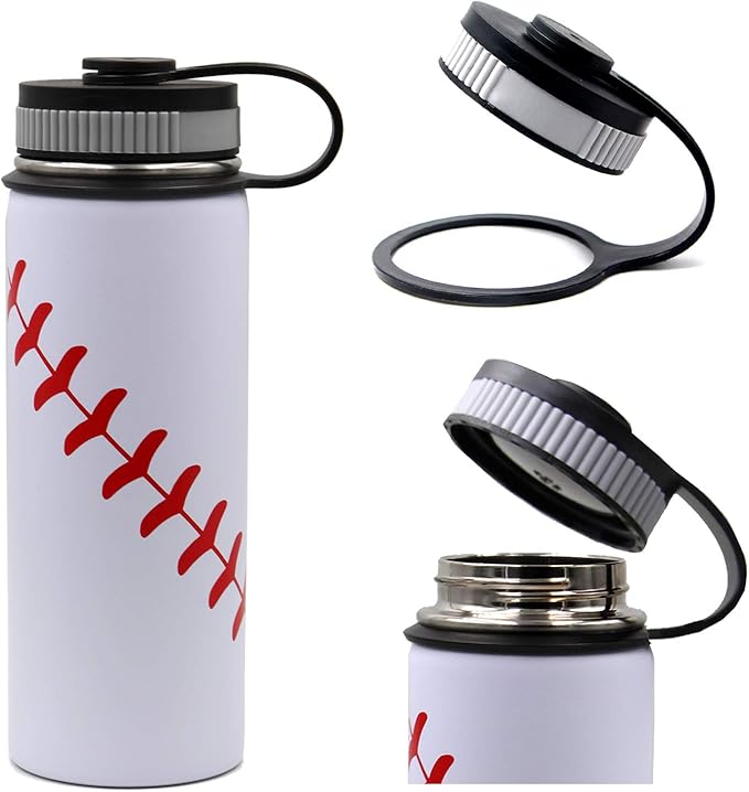 18 oz Baseball Water Bottle, Sports Canteen Metal Travel Tumbler with 2 Lids 18/8 Stainless Steel Double Wall Vacuum Insulated Water Bottles (18oz, White baseball)