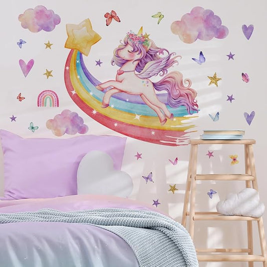 DIY Unicorn Wall Stickers for Kids Room, Home Decor Wallpapers with Cute Cartoon Animals and Stars