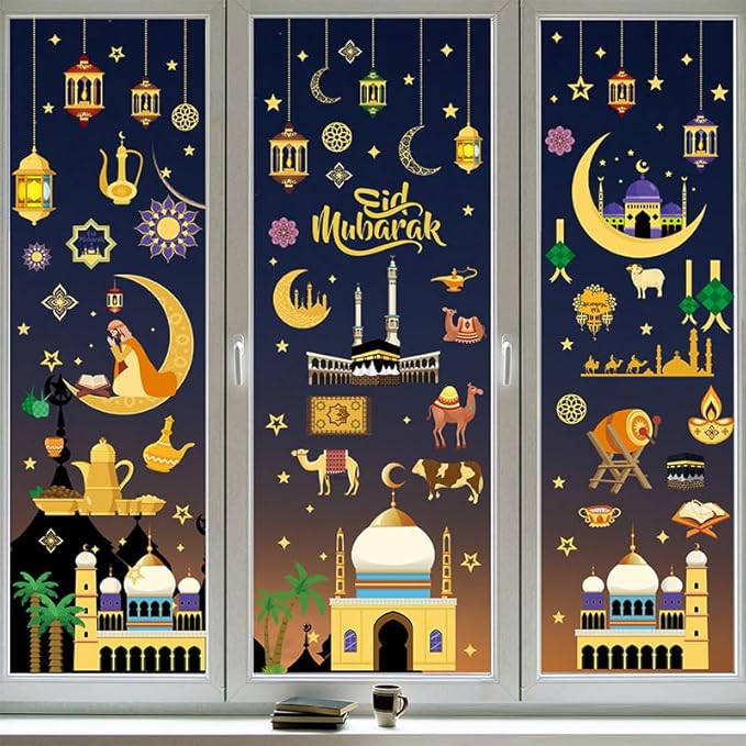 Totelux Eid Mubarak Decorations Ramadan Window Clings Ramadan Mubarak Window Stickers Muslim Moon Star Window Decals for Glass Window Home Office Holiday Eid Al-fitr Party Supplies 9Sheets