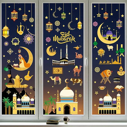 Totelux Eid Mubarak Decorations Ramadan Window Clings Ramadan Mubarak Window Stickers Muslim Moon Star Window Decals for Glass Window Home Office Holiday Eid Al-fitr Party Supplies 9Sheets