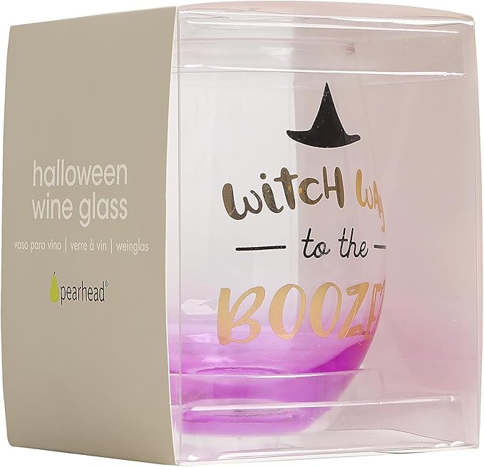 Pearhead Witch Way to the Booze Wine Glass, Fall Holiday Home Accessories, Halloween Stemless Wine Glass, 15 oz