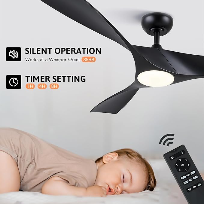 VONLUCE Ceiling Fan with Light and Remote Control, 52 Inch Modern Fan with 3 Blades Noiseless DC Motor for Bedroom, Living Room, Kitchen, Study, Black