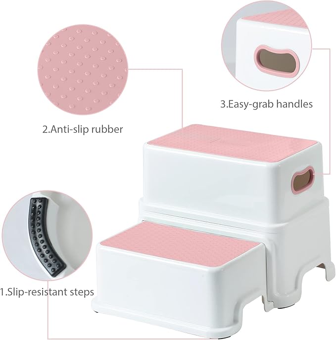 Victostar 2 Step Stool for Kids, Anti-Slip Sturdy Toddler Two Step Stool for Toilet Potty Training, Bathroom,Kitchen (Pink)