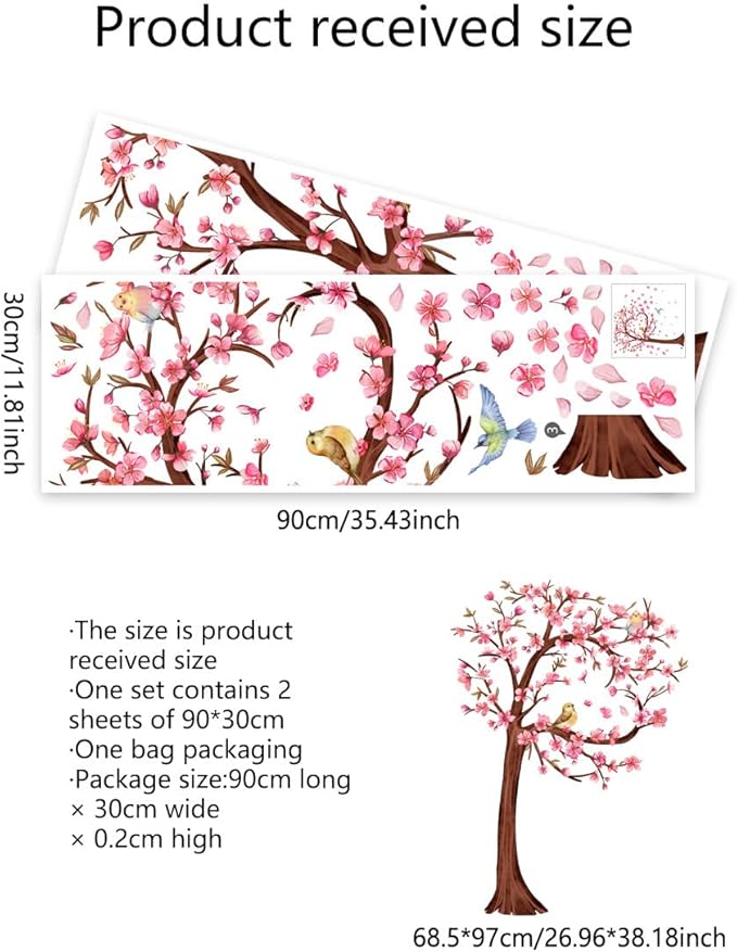 Blooming Trees & Birds Wall Stickers - 90cm x 35.43inch Decorative Vinyl Sheets for Home Decor