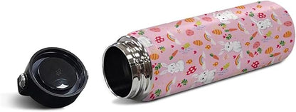 ZOUTAIRONG Rabbits Insulated Water Bottle with Handle 18 oz Vacuum Water Bottle for Hot & Cold Drinks, Wide Mouth, Great for Travel, Hiking & Camping Pink Easter Gifts Eggs