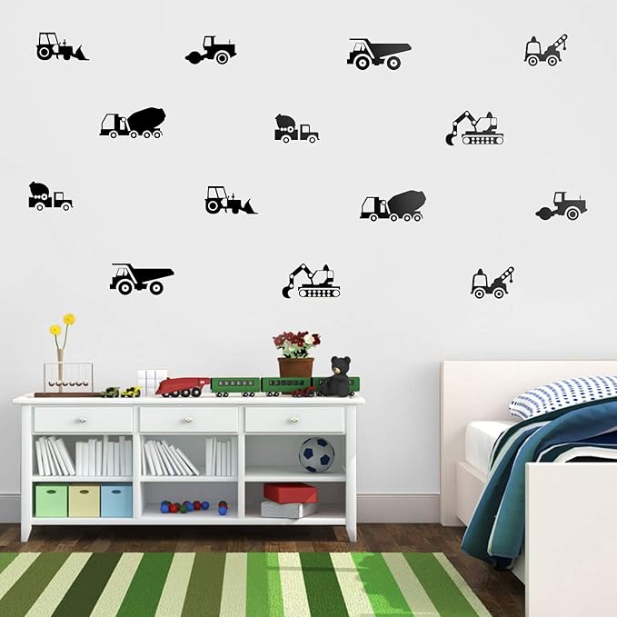 Vinyl Wall Art Decals Construction Vehicles Cool Trendy Toddler Boys Girls Home Bedroom Playroom Wall Stickers Nursery Daycare Apartment Kindergarten