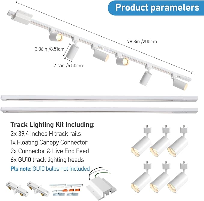 6-Light LED Track Lighting Kit with 6.6FT H Track Lighting Rails & Floating Canopy Connector, GU10 Track Light Kit, Modern Kitchen Track Lighting Fixtures Ceiling Spot Light, White (No Bulbs)