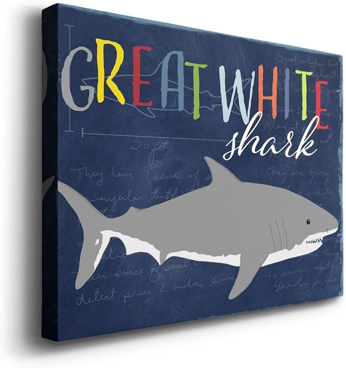 Renditions Gallery Canvas Animal Wall Art Home Paintings & Prints Smiling Playful White Shark Modern Abstract Vibrant Wall Hanging Decorations for Kids Bedroom Nursery - 32"x48" LT33