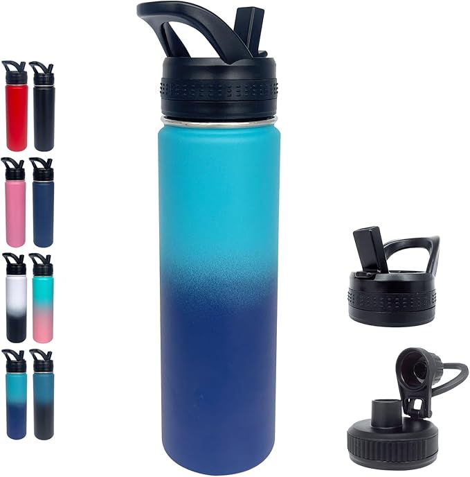 1pack 22 oz Insulated Water Bottle With Straw, Stainless Steel Sports Water Cup Flask with 2 Lids, Wide Mouth Travel Thermal Mug,Blue gradient