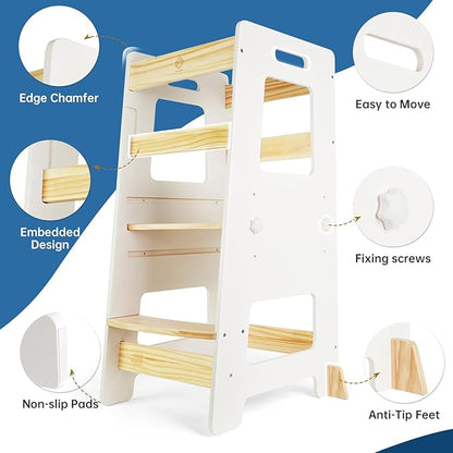 WOOD CITY Kitchen Step Stool - Safe Montessori Standing Tower for Kids with Safety Rail, Height Adjustable Toddler Ideal Helper for Learning New Skills, Anti-Slip Protection for Bathroom - White