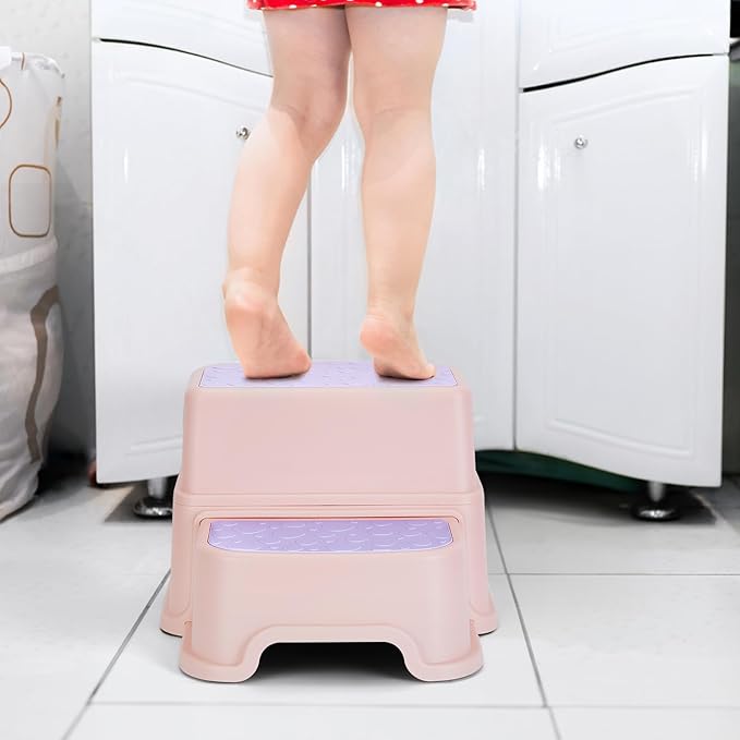 2 Step Stool for Kids, Anti-Slip Toddler Toilet Potty Training Stool with Handles, Two Step Stool for Bathroom, Kitchen, Bedroom, Living Room(Pink)