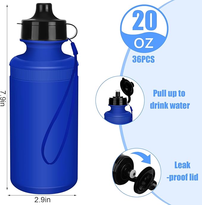 Zubebe 36 Pcs Sports Water Bottles Bulk 20 oz Squeeze Reusable Plastic Water Bottle with Nylon Strap Blank DIY Water Bottles for Kids Adults School Thanks Gift Outdoor Sport Fitness