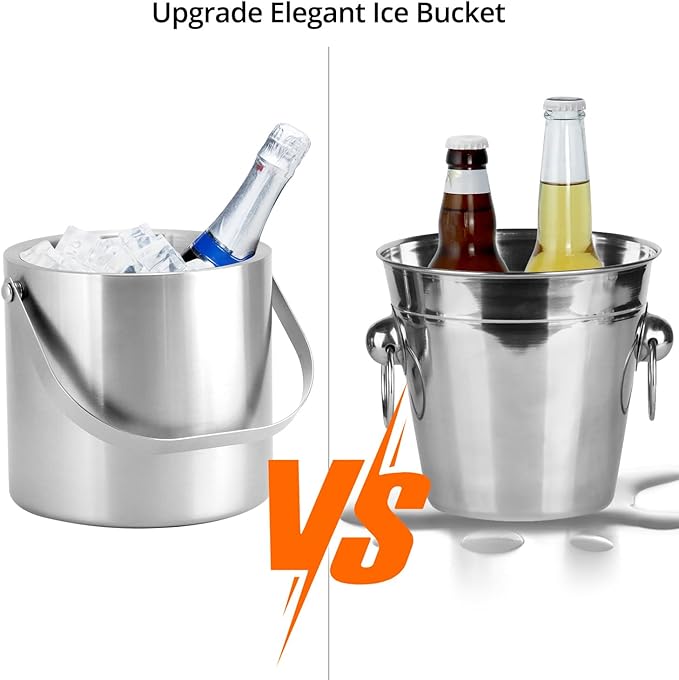 QWORK 3L Stainless Steel Ice Bucket with Lid, Double Wall Insulation, for Wine, Cocktail Bar, Parties, Home Bar Accessories, Champagne Bucket, Elegant Bartending Ice Buckets