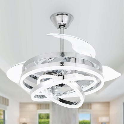 42" Retractable Ceiling Fan with Lights & Remote - Silent DC Motor Modern Ceiling Fan - 6 Speed LED Fan for Bedroom living room Kitchen