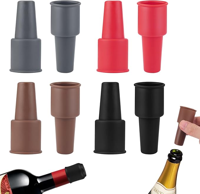 8Pcs Silicone Wine Stopper for Wine Bottles Reusable Wine Bottle Stopper Double Sealed Wine Corks for Beer Champagne Prosecco Beverage Black Red Wine Bottle Cover Caps for Home Kitchen Bar