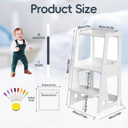 4 in 1 Kitchen Toddler Step Stool, Wooden Learning Toddler Tower with Whiteboard and Safety Rail, Anti-Slip Protection, Kids Standing Tower for 1.5 to 5 Years Old, Kitchen Counter Bathroom Sink