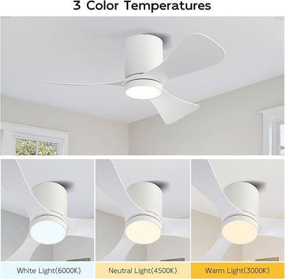 42 Inch Low Profile Ceiling Fan with Lights, Modern Flush Mount Ceiling Fan, 3 ABS Blades, 6-Speed, Reversible DC Motor, Noiseless, for Indoor/Outdoor Kitchen Bedroom (White)