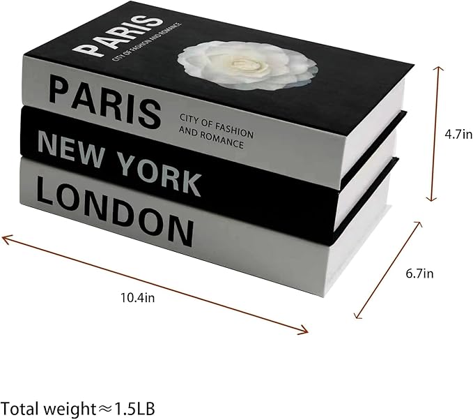 Neutral Home Books Decor Display for Living Room and Office,Paris London New York Fashion Decorative Book Hardcover Fake Decorative Books for Coffee Tables and Shelves Book Decor(Black)